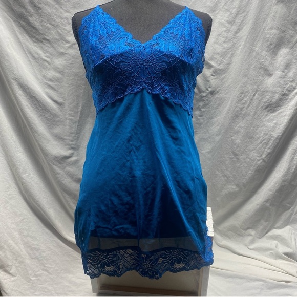 Vtg FREDERICKS OF HOLLYWOOD Lace See-Through Babydoll Chemise Slip Blue Sz XL - Picture 2 of 7